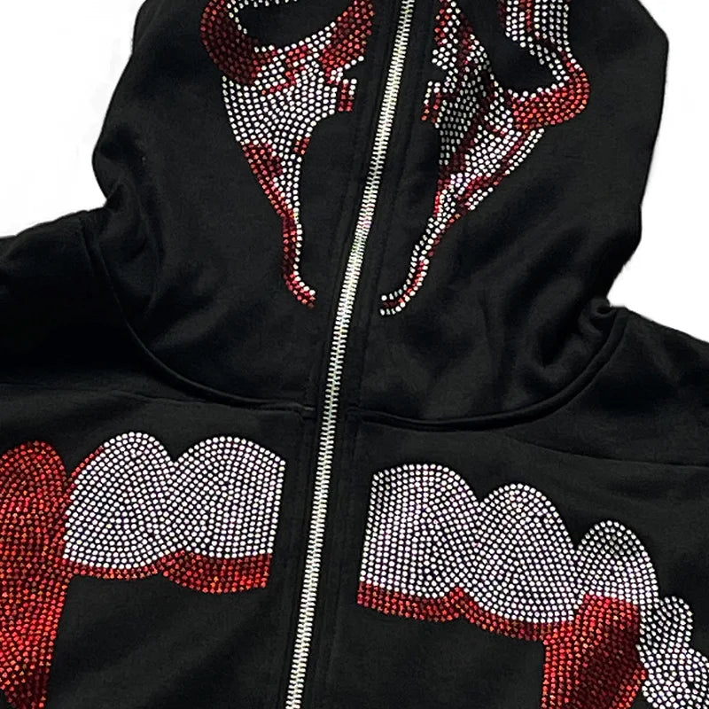 Rhinestones Teeth Zip Up Hoodie