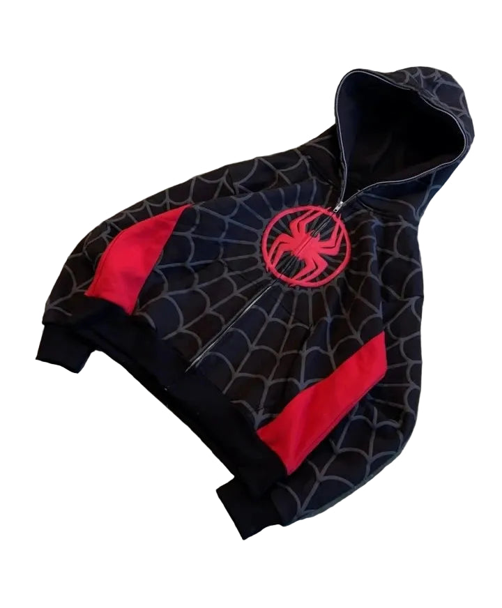 Spider Pattern Zip Up Black Hoodie