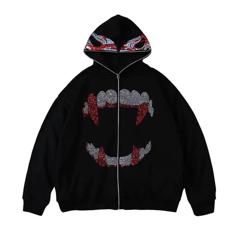 Rhinestones Teeth Zip Up Hoodie